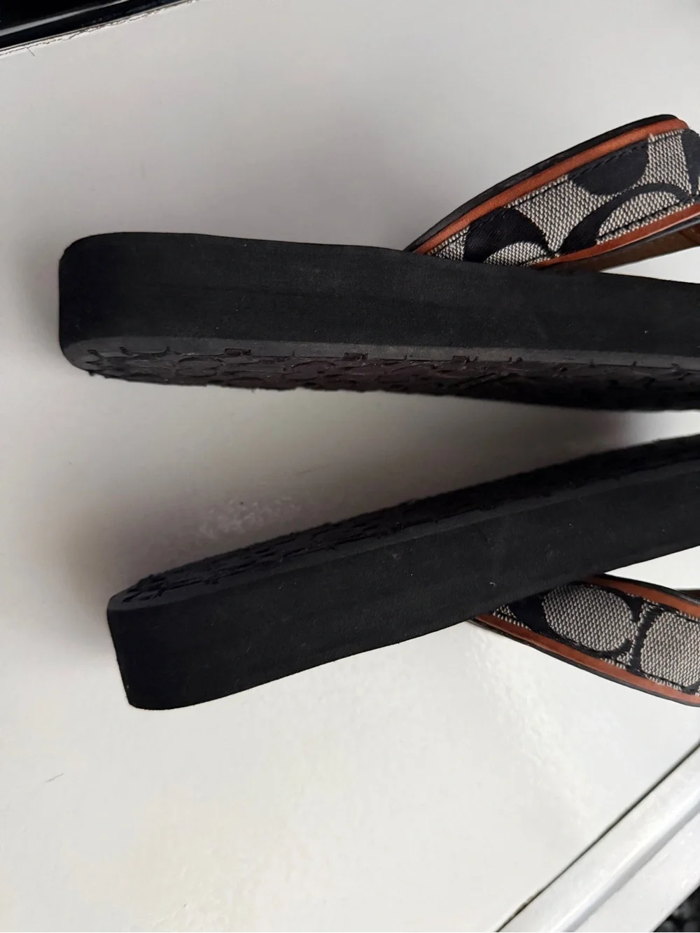 Coach Black Footbed Brown Leather-Trim Logo Strap Flip Flops